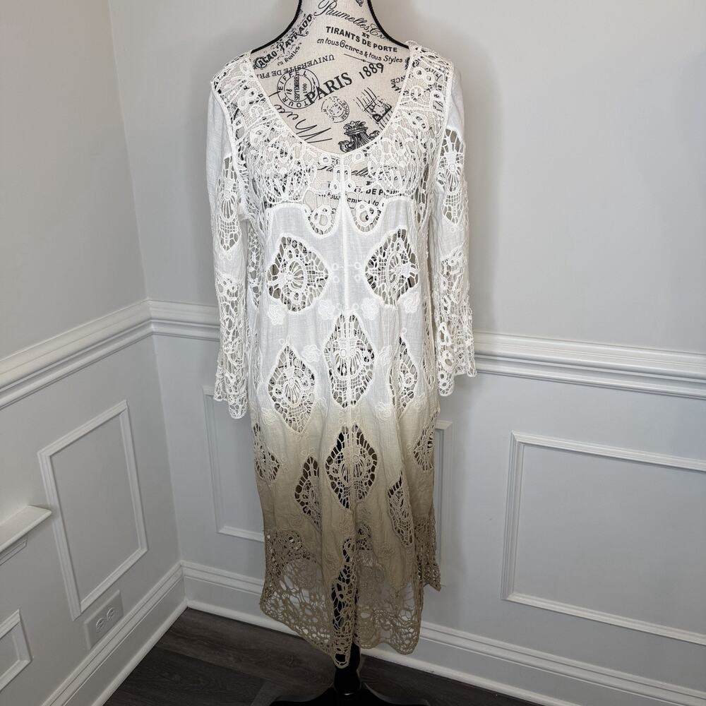 Yest Women’s Crochet/Fabric Cover-Up Dress Long Sleeve Ivory & Brown Size 6